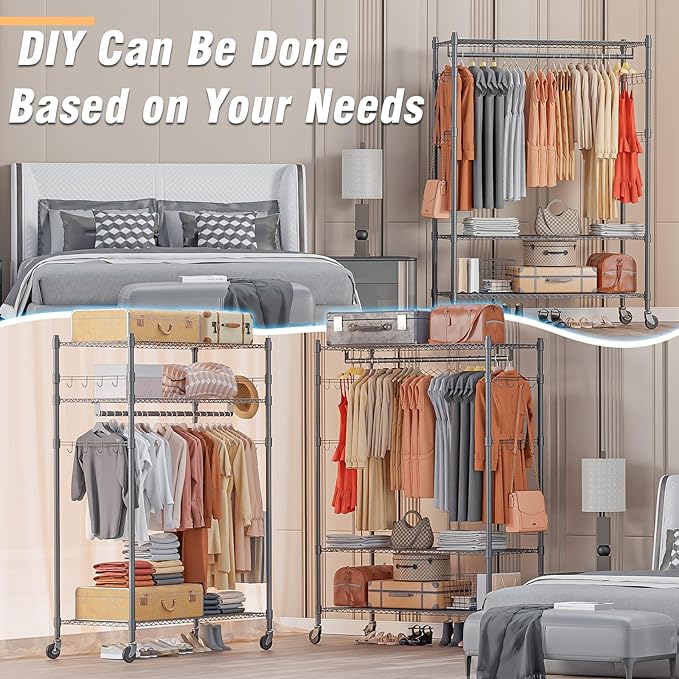 Homdox Heavy Duty Rolling Clothing Rack, Adjustable Garment Rack with 3 Tier Storage Shelves, Freestanding Closet Wardrobe for Hanging Clothes with Side Hooks, Gray