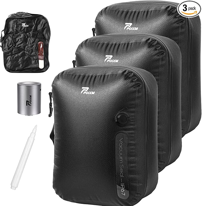Vacuum Bags for Travel with Wireless Pump, 180° Open Zipper, IP67 Waterproof, Reusable Space Saver Compression Bags for Home Storage, Backpack, Suitcase(3 Pack + Pump)