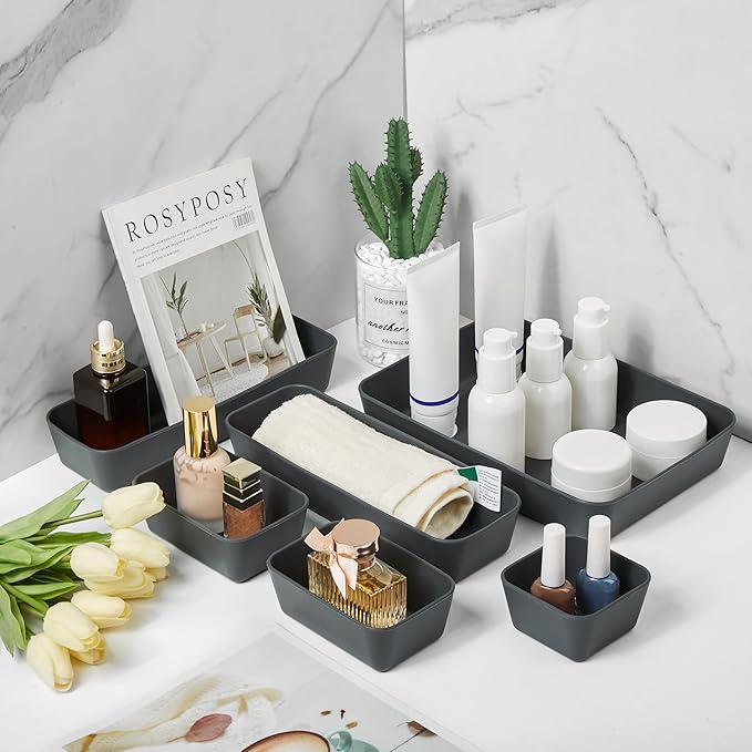 ISSEVE 8Pcs Nesting Silicone Drawer Organizer Trays, 4 Size Versatile Vanity Bathroom & Desk Drawer Organizer Set Storage Bins for Office,Kitchen,Nightstand,Black