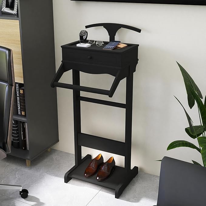 Brefhome Mens Valet Stand with Drawer & Tray, Wooden Clothing Rack for Men Women, Modern Garment Rack for Entryway, Bedroom, Black (Tray + Drawer)