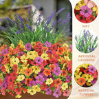 INQCMY Artificial Flowers for Outdoors UV Resistan 12 Pcs Silk Daisies with Eucalyptus Leaves and 2 Pcs Lavender Suitable for Porch Balcony Courtyard Garden (Red Lotus Orange Yellow Red)