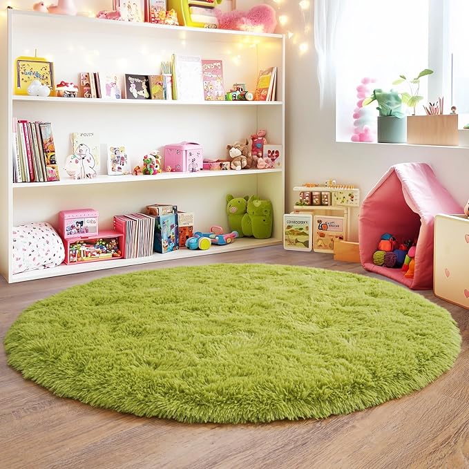 6‘x6’ Grass Green Round Rug for Bedroom, Ultra Soft Fluffy Circle Rug for Kids Girls Boys Room, Cute Shag Rugs for Living Room Playroom Tent Castle Home Decor Rug