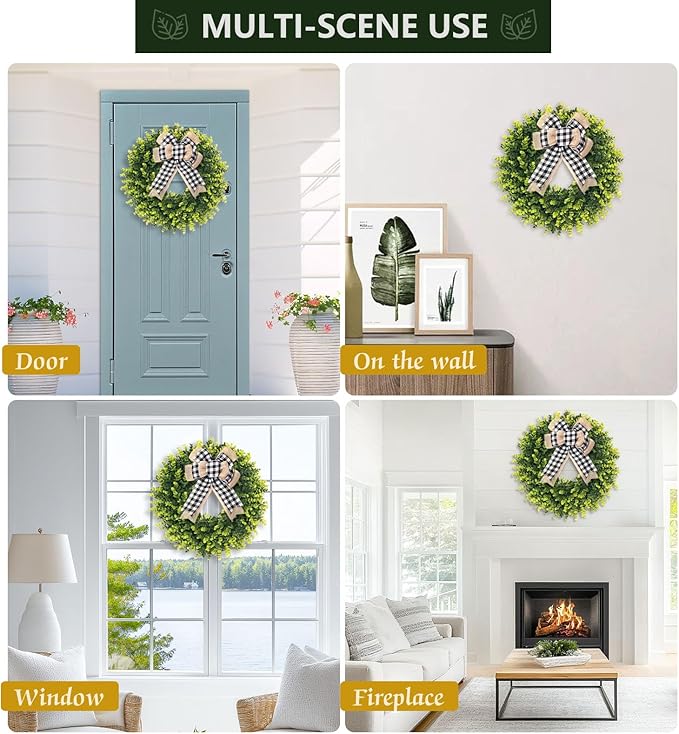 Set of 2, 20‘’ Boxwood Wreath for Front Door, Porch, Window - Foldable Greenery Boxwood Wreaths for Farmhouse Wedding Indoor Outdoor Decor - Spring, Summer, Fall, All Seasons (with Bow)