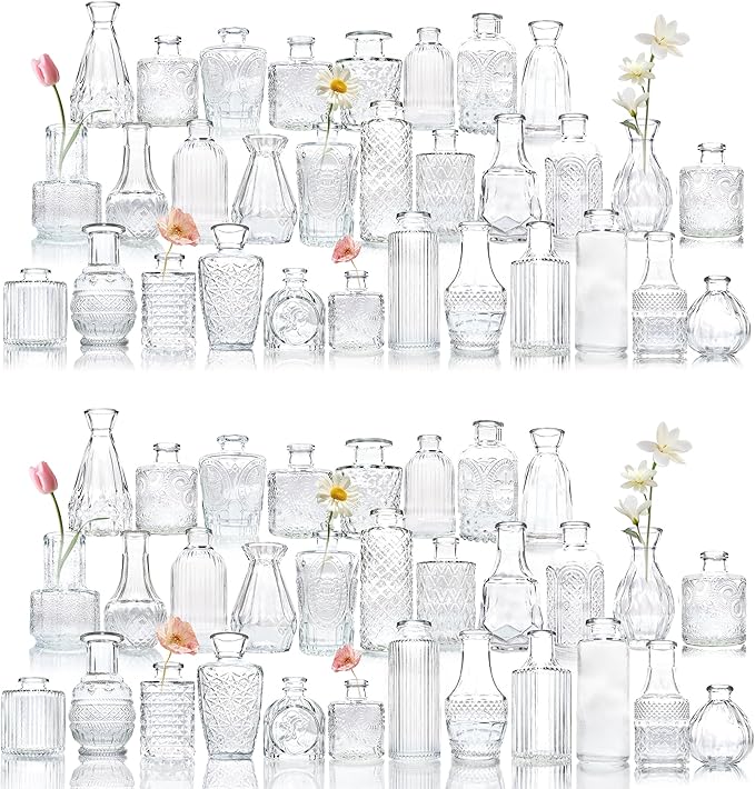 Glass Bud Vase Set of 66 Pcs, Vintage Clear Small Glass Vases for Flowers, Bud Vases in Bulk, Mini Vase for Centerpieces, Wedding, Home Decor and Events
