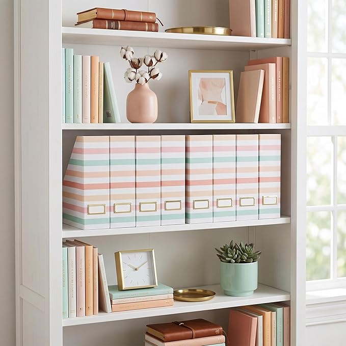 BLU MONACO | Cardboard Magazine File Holder Set of 4 | Vertical Magazine File Holder with Gold Label Slots | Standing File Holder and Cardboard Bins for Shelves Desk Classroom