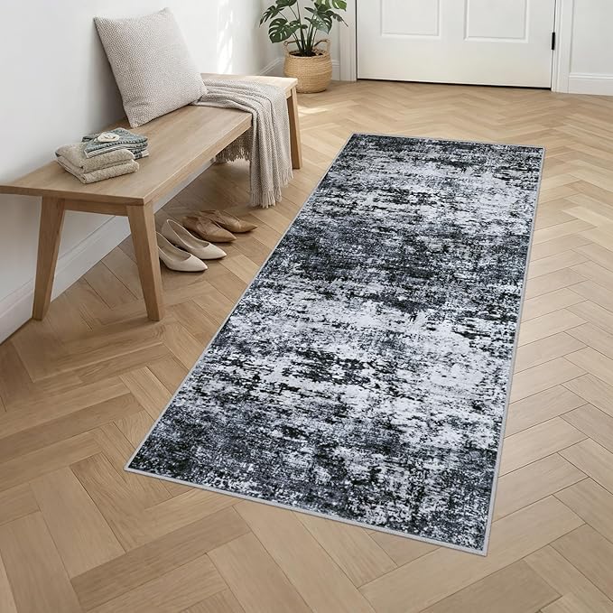 Washable Area Rug 3x8 Entryway Rug: Washable Modern Abstract Soft Thin Rug Indoor Floor No Slip Stain Resistant Carpet for Bedroom Dining Room Farmhouse Nursery Home Office - Black