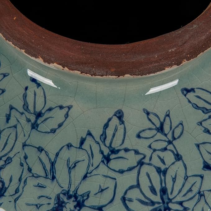 Creative Co-Op Round Decorative Terra-Cotta Vase with Transferware Pattern, Blue