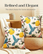 Embroidered Throw Pillow Covers 18x18 Inch - Set of 2 Summer Spring Boho Decorative Pillow Covers with Zipper for Living Room Couch Sofa Bed Aesthetic Design Bird Lemon Cushion Pillowcases