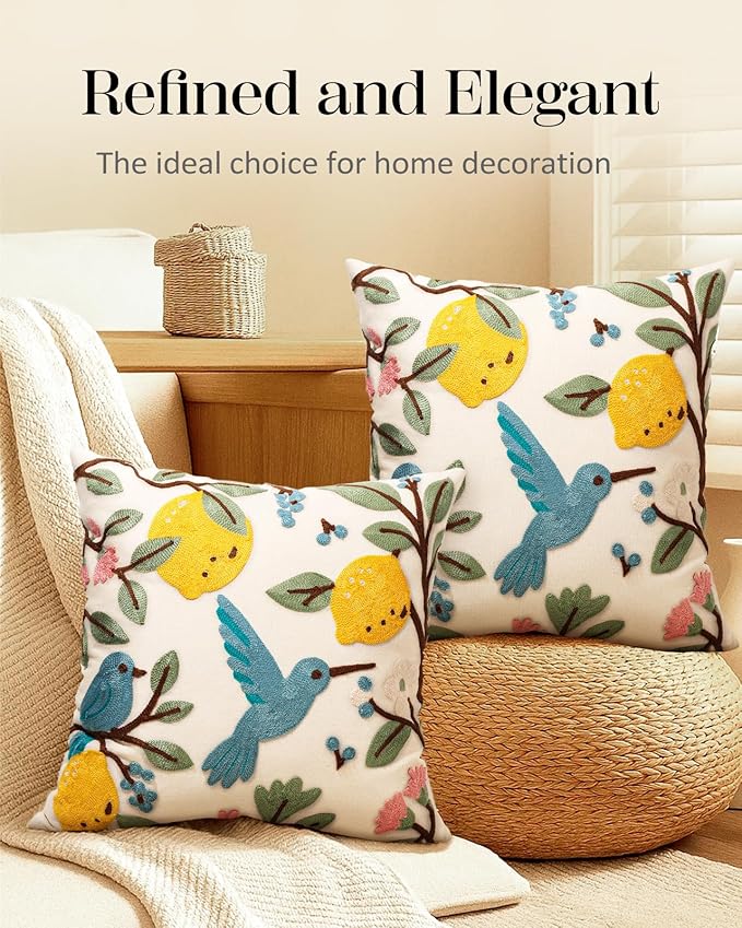 Embroidered Throw Pillow Covers 18x18 Inch - Set of 2 Summer Spring Boho Decorative Pillow Covers with Zipper for Living Room Couch Sofa Bed Aesthetic Design Bird Lemon Cushion Pillowcases