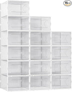 X-Large Shoe Storage Box, 15 Pack Clear Plastic Stackable Shoe Organizer for Closet, Interlocking Design Shoe Container Bins for Sneakers, Foldable Shoe Rack with Lids, White