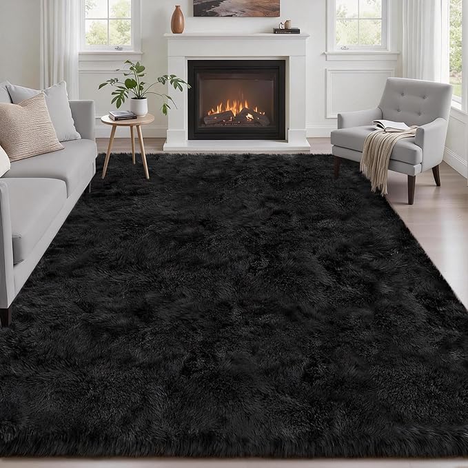 Fluffy 4x6 Area Rugs for Living Room Bedroom: Ultra Soft Shag Rug Non-Slip Non-Shedding Small Plush Bedside Rug Indoor Floor Carpets for Kids Room Playroom Entryway Nursery Dorms Home Decor Black