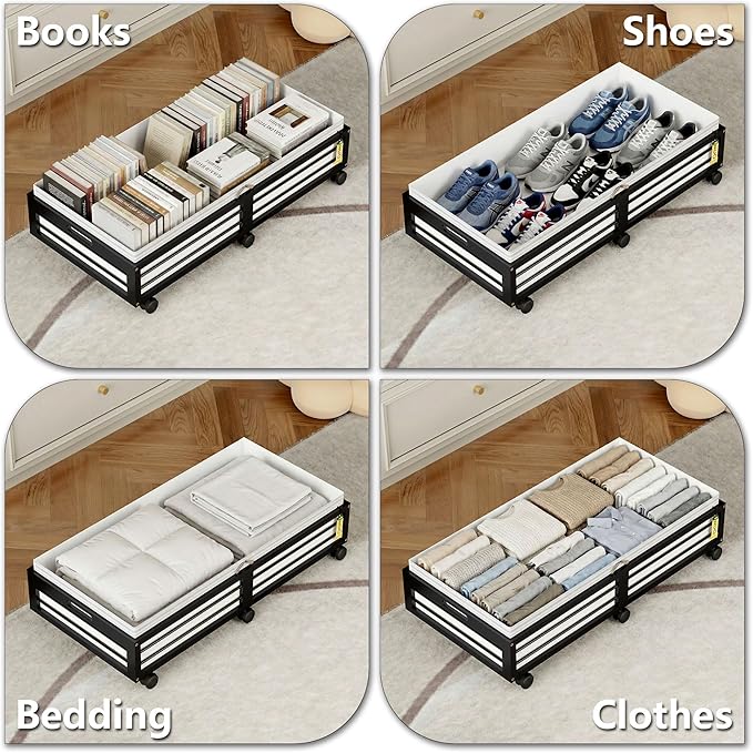 Under Bed Storage Containers with Wheels, Larger Bamboo Wood Under Furniture Storage Containers with Dust Bags，Rolling for Shoes Clothes