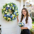 24 Inch Spring Wreath for Front Door, Artificial Hydrangea, Anemone & Wild Daisy Flowers with Berry Accents, Spring and Summer Door Wreath for Indoor Outdoor Decor