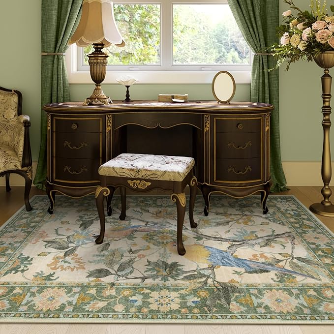 Lahome Botanical Birds 5x7 Washable Living Room Rug, Boho Green Bedroom Dining Room Rugs for Under Table, Large Vintage Indoor Floor Carpet for Home Office Entryway (5x7ft,Green)