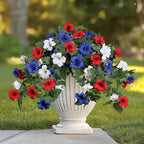 HyeFlora Artificial Flowers for Outdoors 2PCS Spring Faux Morning Glory Look Real Silk Flowers for Outside Planter UV Resistant Fake Flowers for Home Garden Balcony Yard Porch Deco (RedBlueWhite)