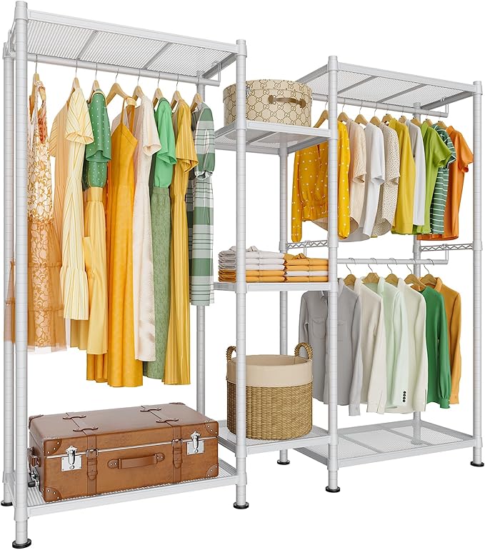 LEHOM G6 Wire Garment Rack Heavy Duty Clothes Rack Compact Large Size Armoire Storage Rack Freestanding Metal Clothing Rack Closet Wardrobe with 3 Hanger Rod and 4 Large Shelves 4 Small Shelves, White