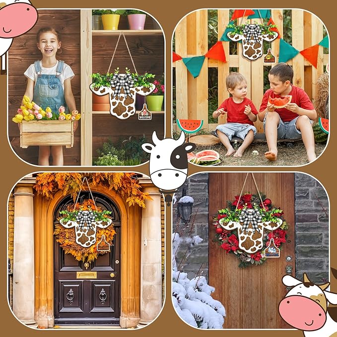 Suzile 16 Pcs Cow Decor Welcome Sign Wooden Cow Head Door Wreath Sign with Buffalo Plaid Bow Interchangeable Hanging Ornaments for Christmas Farmhouse Home Front, 16.5 x 12 Inch