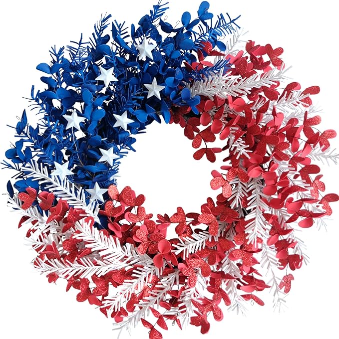 idyllic 4th of July Wreath 22 inch, Patriotic Wreath for Front Door, Red White Blue Leaves Metal Stars Independence Day, Memorial Day Americana Decor