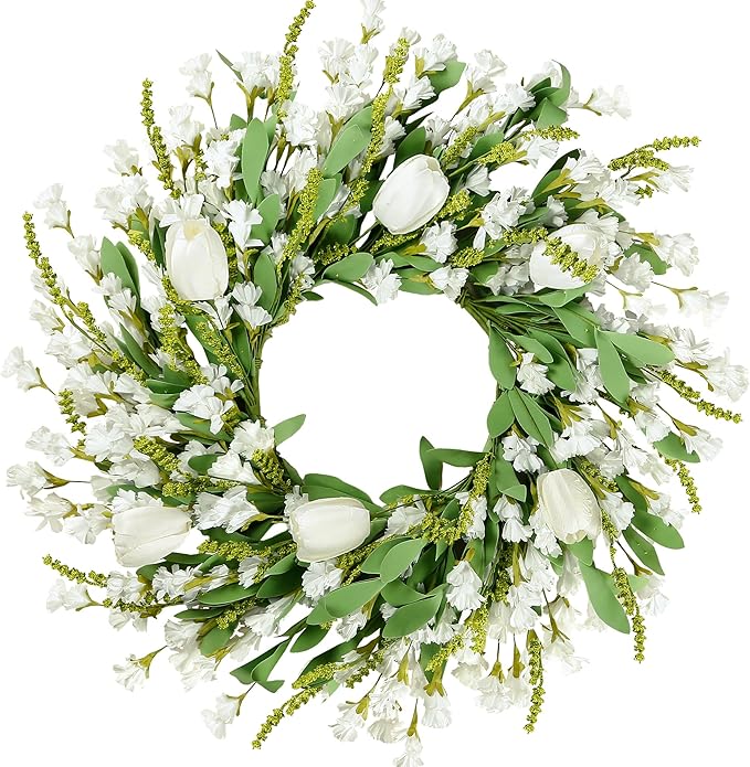 Sggvecsy Spring Summer Wreath for Front Door 22 Inch Artificial White Flower with White Tulips Greenery Leaves Lavender for All Seasons Home Farmhouse Indoor Outdoor Wall Decor