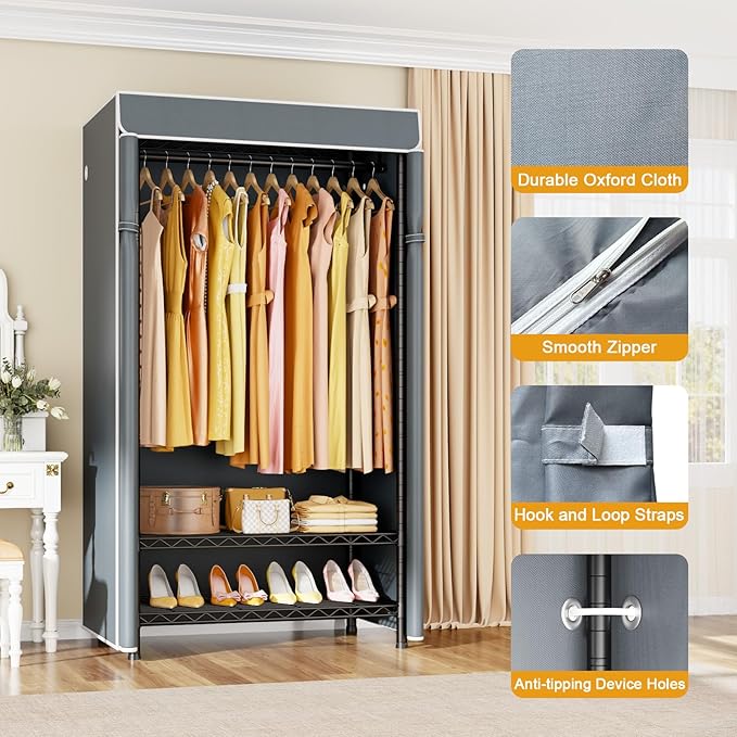 H5C Clothes Rack with Cover, Portable Closet for Hanging Clothes, Covered Clothing Racks Heavy Duty, Freestanding Garment Racks with Shelves, Max Load 360LBS Black Closet Rack with Gray Cover