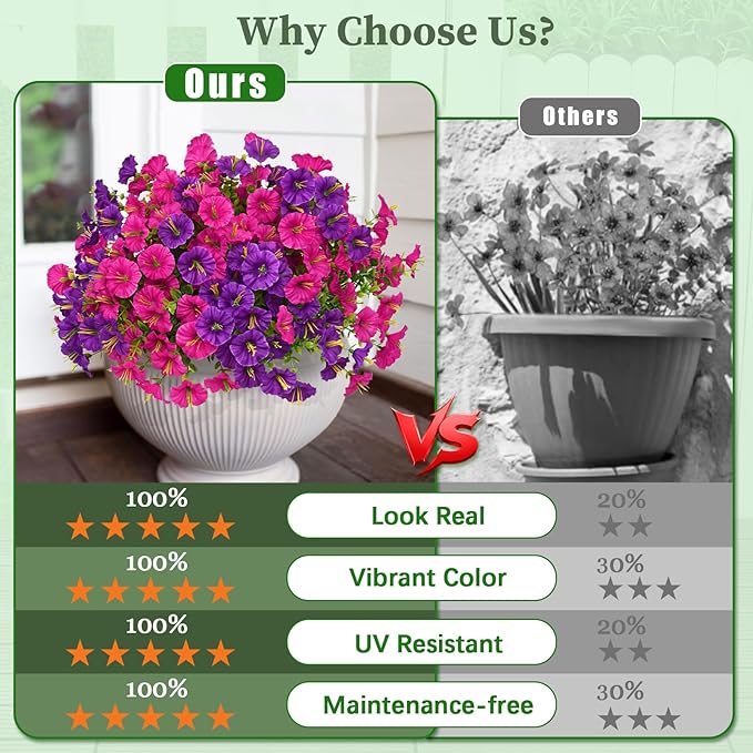 MARTINE MALL 12 Bundles Look Real Artificial Flowers for Outdoors, Realistic Fake Outdoor Flowers, UV Resistant Silk Petunia Flowers for Outside Faux Flowers Plants for Outdoor Porch, Purple+Fuchsia