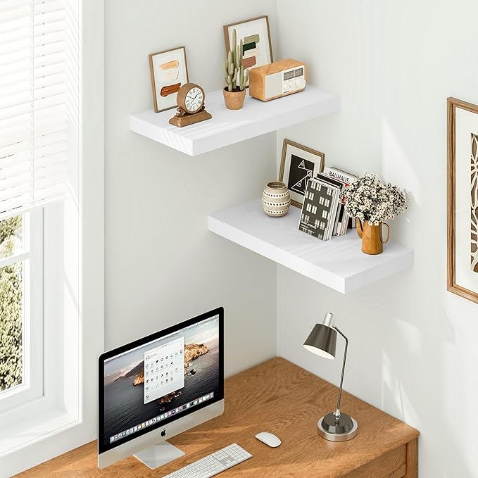 Vivelove White Floating Shelves 12 Inches Deep, [Wood Grain Texture] 24x12 Floating Shelves for Wall with Invisible Brackets, Room Shelves for Living Room Bedroom Bathroom Kitchen Office, Set of 2