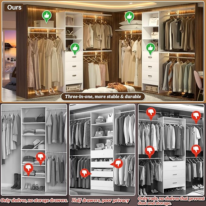 8FT Closet System, 96'' Closet Organizer System with 3 Hanging Rods, Wall Mount Bedroom Wardrobe with 3 Drawers Walk-in Closet, Adjustable Cloth Garment Rack from 5 to 8FT (Cut to Fit), White