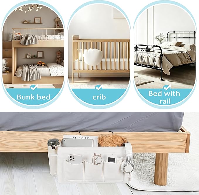Loghot Bedside Caddy/Bedside Storage Bag Hanging Organizer for Bunk and Hospital Beds,Dorm Rooms Bed Rails,Can be Placed Glasses,Books,Mobile Phones,Keys (New White)