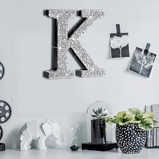Qunclay 5.7" Silver Crystal Diamond Bling Letters Crushed Diamond Decoration Wooden Glitter Letter with Screw and Hooks Rhinestone Gift for Wedding Y2k Mcbling Bedroom Wall Decor (Letter K)