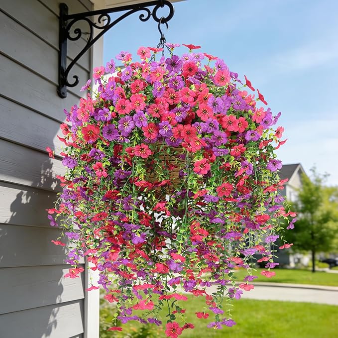 4 Bundles Fake Flowers for Spring Decor, Hanging Artificial Flowers for Outdoors, UV Resistant Spring Floral Stems for Porch, Window and Garden Decoration (4)