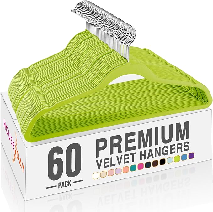 HOUSE DAY Vibrant Green Velvet Hangers 60 Pack, Non Slip Clothes Felt Hanger Heavy Duty for Coat, Premium Slim Space Saving Suit Hangers for Closet Organizer, 360° Rotating Silver Hook