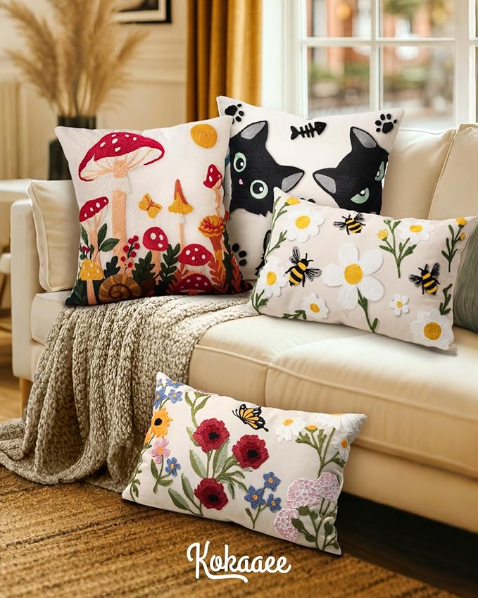 Embroidered Throw Pillow Cover 20x20 Inch - Spring Summer Boho Decorative Pillow Cover with Zipper for Living Room Couch Sofa Bed Aesthetic Design Mushroom Moon Cushion Pillowcase