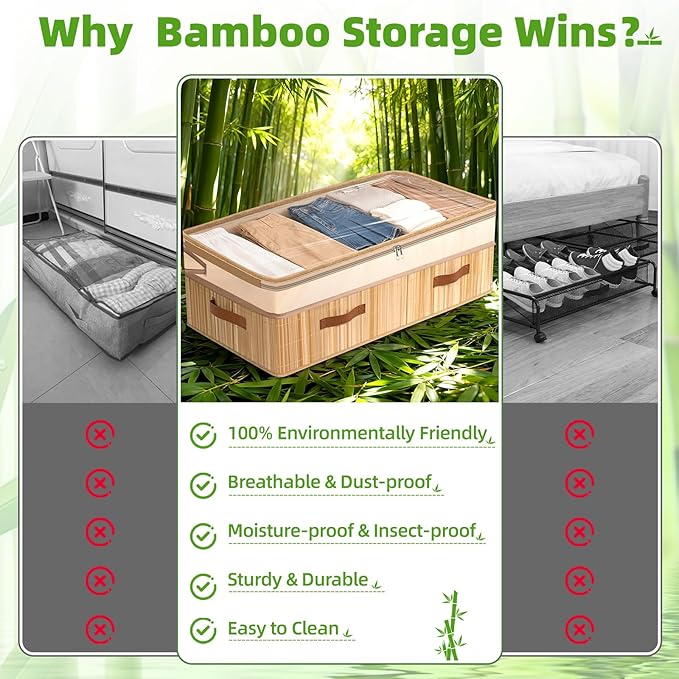 Livole 2 Pack Bamboo Under Bed Storage, 6-10 inches Height Adjustable Underbed Storage Containers, 92L XXXL Large Under Bed Storage Bins with Clear Lid & Label for Clothes, Blankets, Sweater, Shoes