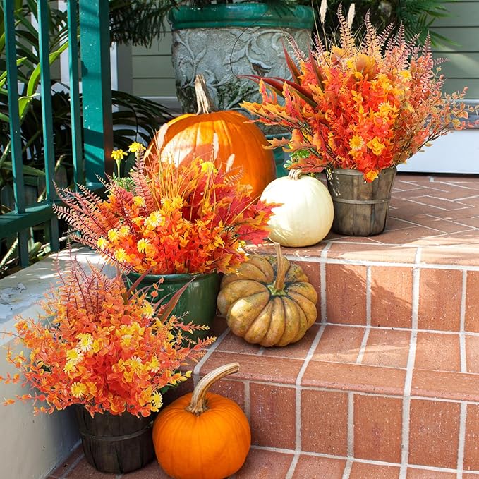 22 Bundles Artificial Fall Flowers for Outdoor Decoration, 9 Styles Autumn Thanksgiving Halloween Decor with Persian Leaves, Lavender, Eucalyptus, Maple Leaves for Window Box Patio Fireplace Decor