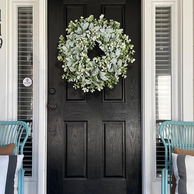 26 Inch Large Lambs Ear Wreaths for Front Door Spring Summer Lambs Leaves with White Berries, Artificial Greenery for Farmhouse Porch Wall Living Room Home Wedding Decor for All Seasons Wreaths