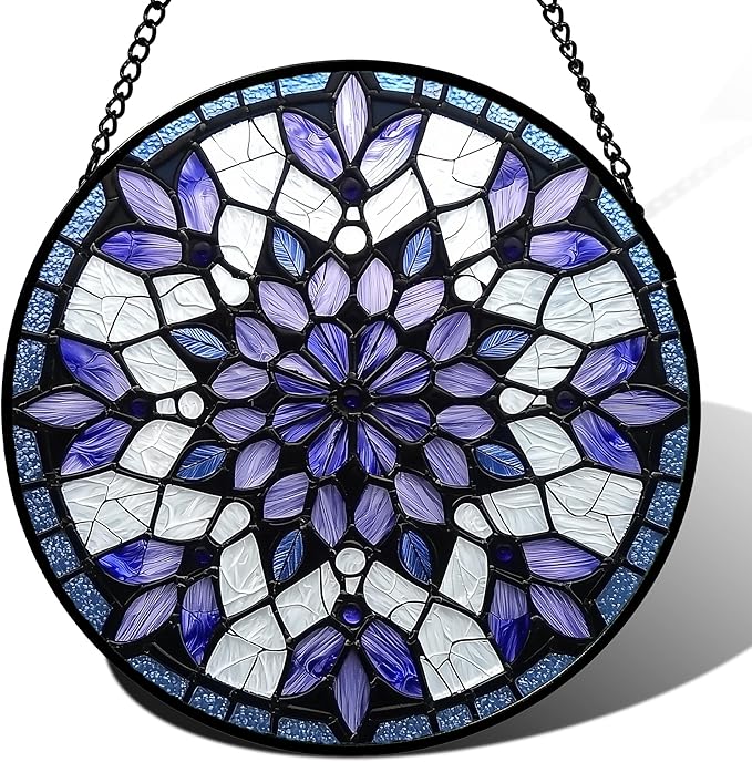 Stained Glass Window Hanging, Purple Blue Tiffany Style Flowers Sun Catcher for Window Door Home Decor Suncatcher Christmas Mother's Day Birthday Gifts for Women Men Mom Nana 7.8 in