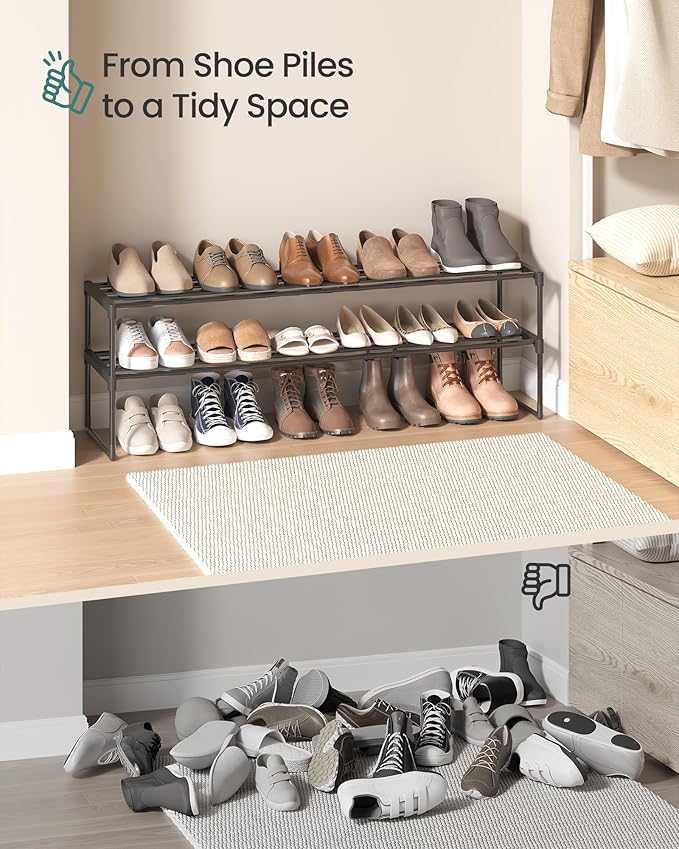 SONGMICS Shoe Rack, 2-Tier Shoe Organizer, Metal Storage Shelf, Upright or Upside Down, for 15-18 Pairs, Stackable, for Entryway, 11.8 x 46.1 x 14.6 Inches, Black ULSA032B01