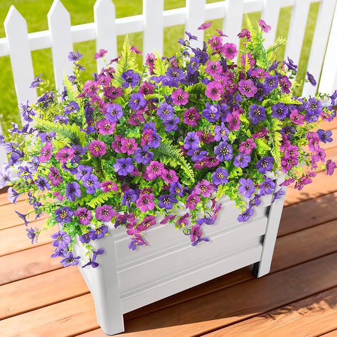 Artificial Flowers for Outdoors, 12 Bundles Multicolor Silk Fake Flower with Ferns for Spring Summer Decoration, UV Resistant Artificial Outdoor Faux Plants for Home Planter Porch Patio Yard Decor