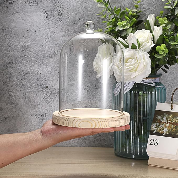 JUXYES Glass Display Dome Cloche with Wood Base, Clear Glass Dome Cloche Bell Sphere Jar Snow Globe Kit, Snowglobe Cloche Bell Jar Display for Fairy Light Plant Collectible Figures
