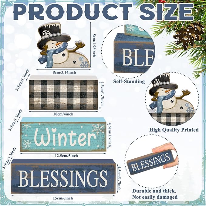 Moucuny 4 Pcs Winter Table Decorations Playful Snowman Decor Indoor Winter Tiered Tray Decor Rustic Wooden Decorative Snowman Block Sign Gift Snowflake Centerpiece Farmhouse for Home Kitchen