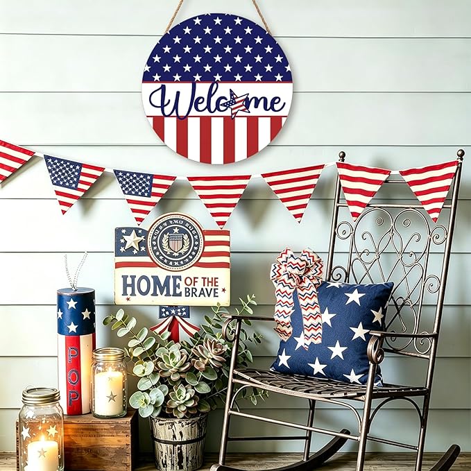 Harooni 4th of July Welcome Sign Memorial Day Door Hanger 12x12 Inch American Flag Star Wreaths for Front Door Decor American Patriotic Independence Day Hanging Sign for Home Wall Window Porch Outdoor