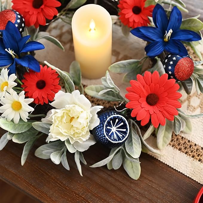 Valery Madelyn 20 Inches 4th of July Wreath for Front Door with Lights, Red White Blue Patriotic Floral Wreath Memorial Day Decorations with Ball Ornaments for USA 250th Anniversary Summer