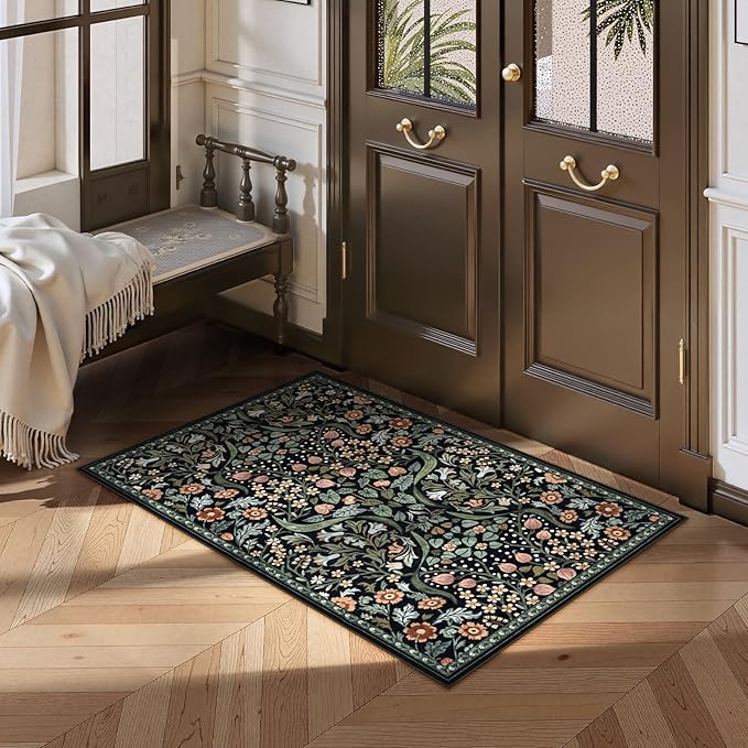 Moynesa Floral 2x3 Entryway Rug, Washable Kitchen Rugs Non Slip Front Door Mat for Indoor Entrance, Boho Ultra Thin Small Rug Soft Botanical Throw Carpet for Bathroom Bedroom, Black
