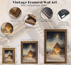 Vintage Nativity Scene Gold Framed Wall Art Birth of Jesus Christmas Christian Painting Canvas Prints Mary Joseph Holy Family Picture Star of Bethlehem Poster Artwork for Church Prayer Room, 12x16in