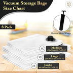 Vacuum Storage Bags 8 Pack with Hand Pump – Space Saver Compression Bags for Clothes, Bedding, Travel & Home Storage
