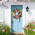 24 Inch Summer Wreaths for Front Door, Handcrafted Summer Wreath with Luxury Dahlias, Peony, Tulips & Roses, Summer Door Wreath for Holiday Farmhouse Indoor Outdoor Wall Home Decor