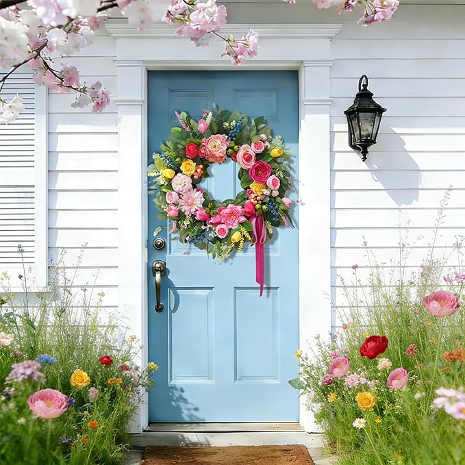 24 Inch Summer Wreaths for Front Door, Handcrafted Summer Wreath with Luxury Dahlias, Peony, Tulips & Roses, Summer Door Wreath for Holiday Farmhouse Indoor Outdoor Wall Home Decor