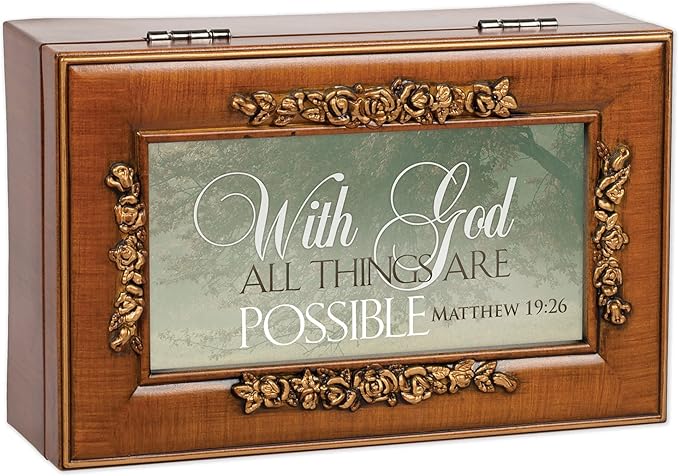 Cottage Garden with God All Things are Possible Woodgrain Embossed Jewelry Music Box Plays Amazing Grace