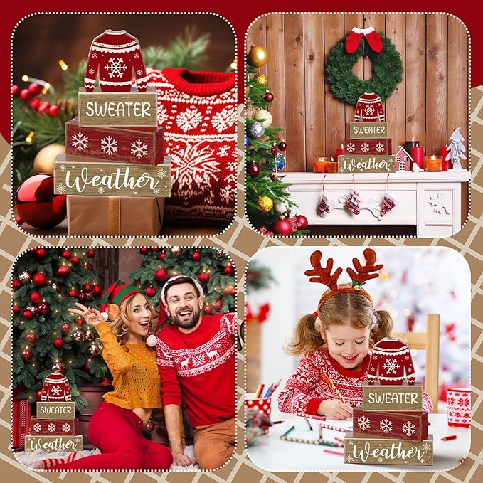 Lineshading 4 Pcs Christmas Table Decorations Ugly Sweater Christmas Decor Winter Tiered Tray Decor Xmas Centerpiece Decorative Ugly Sweater Block Signs Gift Farmhouse Xmas Decoration for Home Kitchen