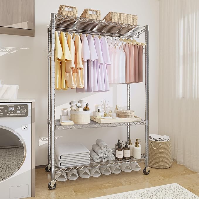 Heavy Duty Rolling Clothes Rack,Load 693LBS Clothing Racks for Hanging Clothes,Free Standing Closet Organizers and Storage Garment Racks with Wheels,Rods,Side Hooks,76"h x 45"w x 16"d